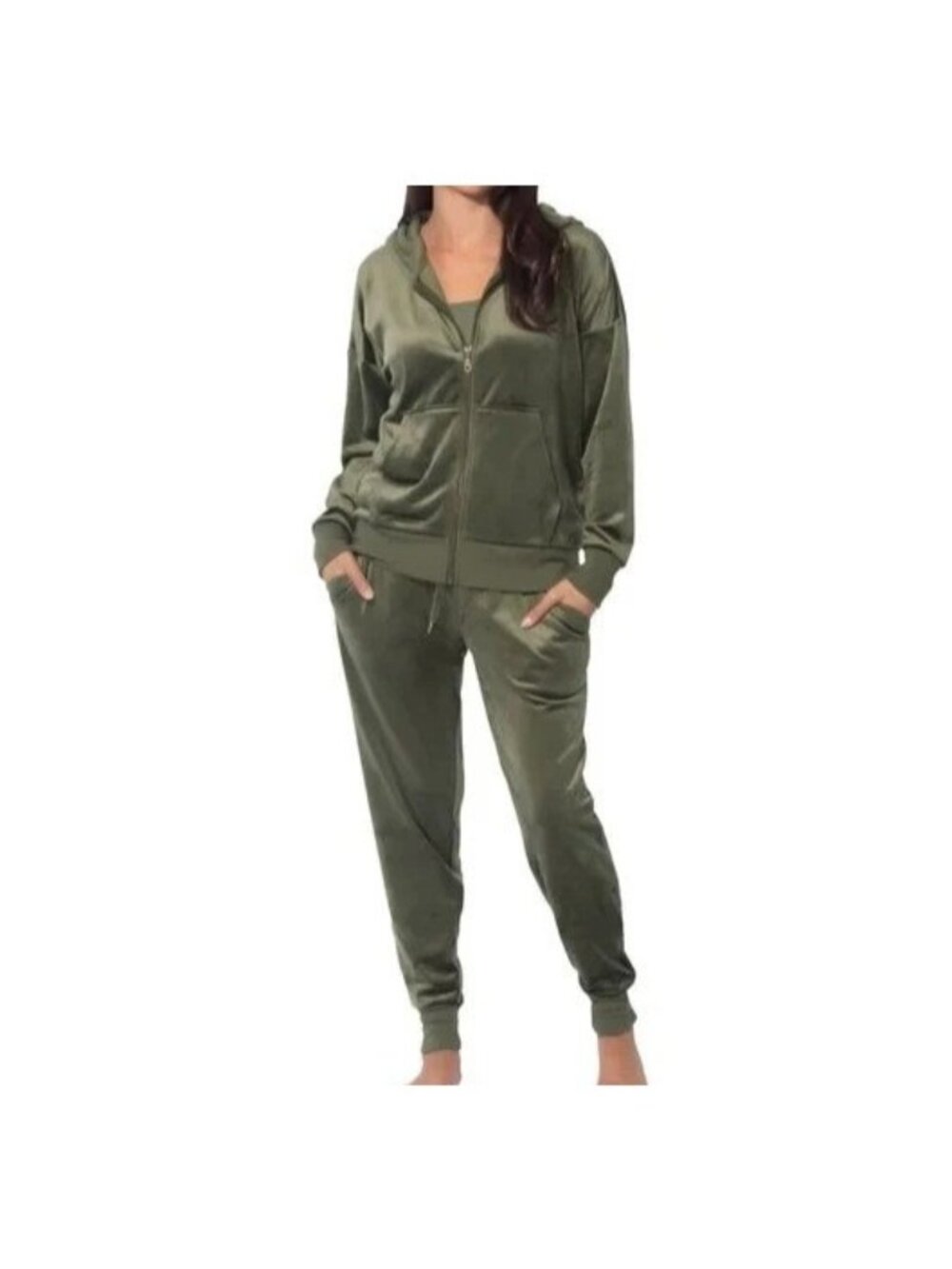 NWT Felina Tracksuit  Women’s M Velour Hoodie & Jogger Set Olive Green